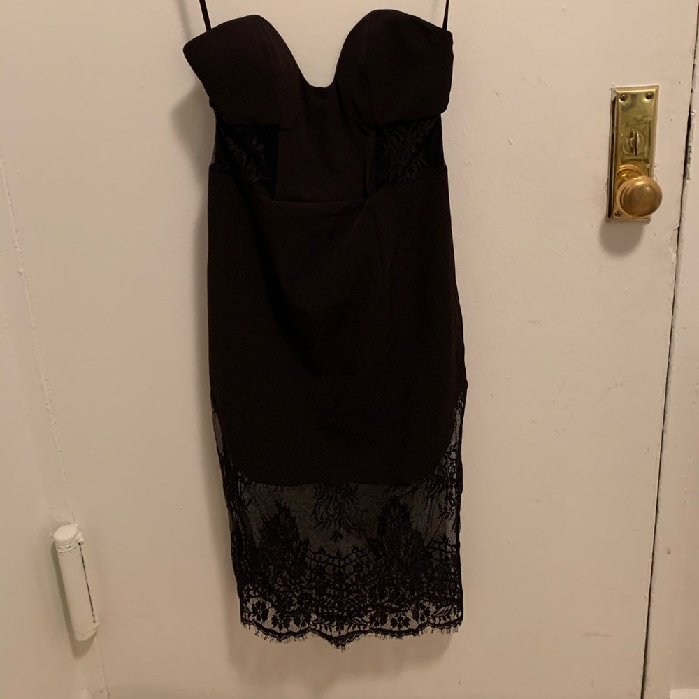 NBD Strapless Black midi dress with lace defailing